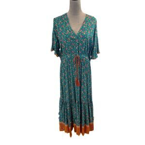 Bohemian Peasant Maxi Dress Romantic Floral Flowy Whimsical Womens SZ XL